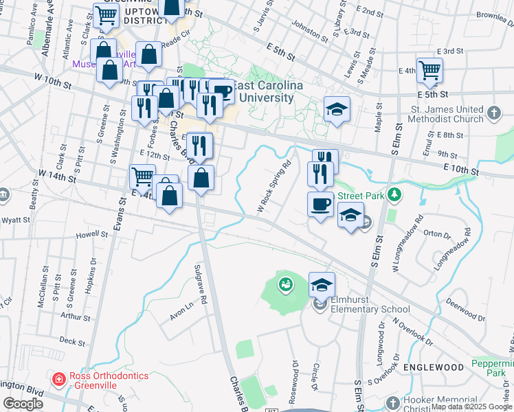 map of restaurants, bars, coffee shops, grocery stores, and more near 1104 West Rock Spring Road in Greenville