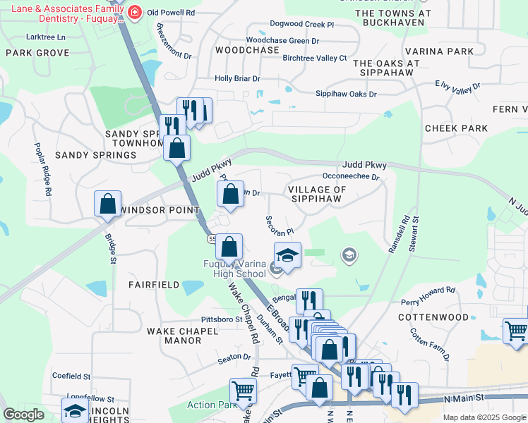map of restaurants, bars, coffee shops, grocery stores, and more near 1255 Secotan Place in Fuquay-Varina