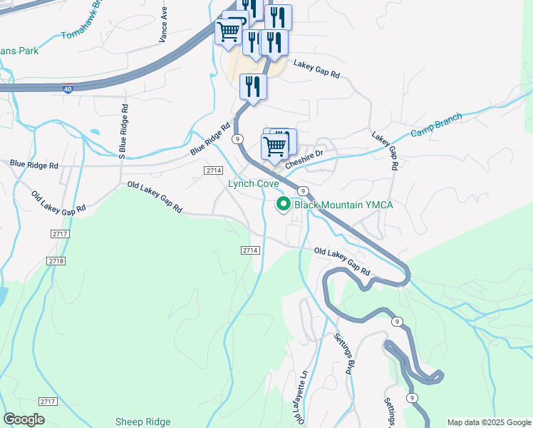 map of restaurants, bars, coffee shops, grocery stores, and more near 180 Old Lakey Gap Road in Black Mountain
