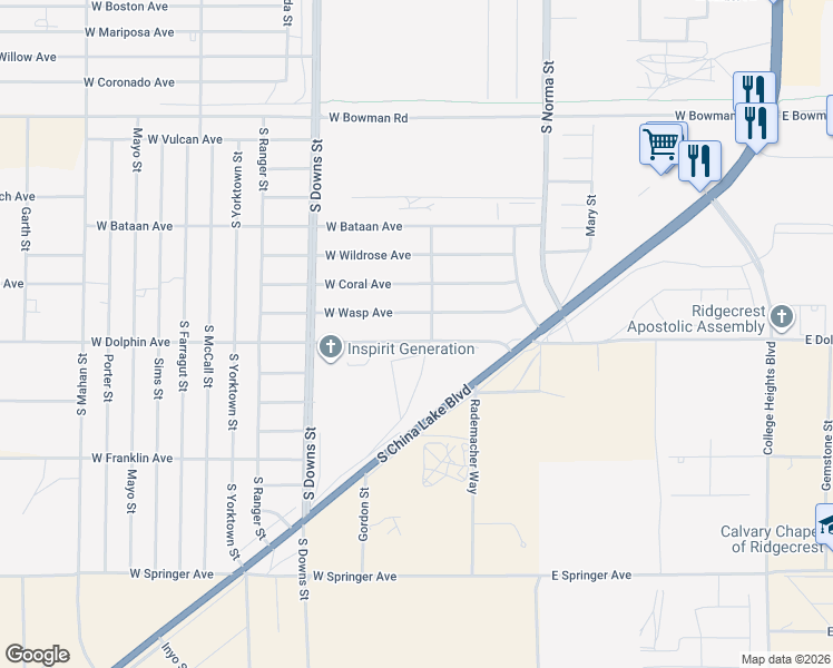 map of restaurants, bars, coffee shops, grocery stores, and more near 708 West Dolphin Avenue in Ridgecrest