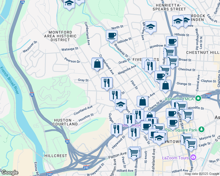 map of restaurants, bars, coffee shops, grocery stores, and more near 165 Montford Avenue in Asheville