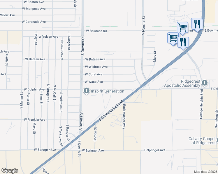 map of restaurants, bars, coffee shops, grocery stores, and more near 708 West Dolphin Avenue in Ridgecrest