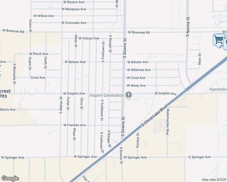 map of restaurants, bars, coffee shops, grocery stores, and more near 934 West Dolphin Avenue in Ridgecrest