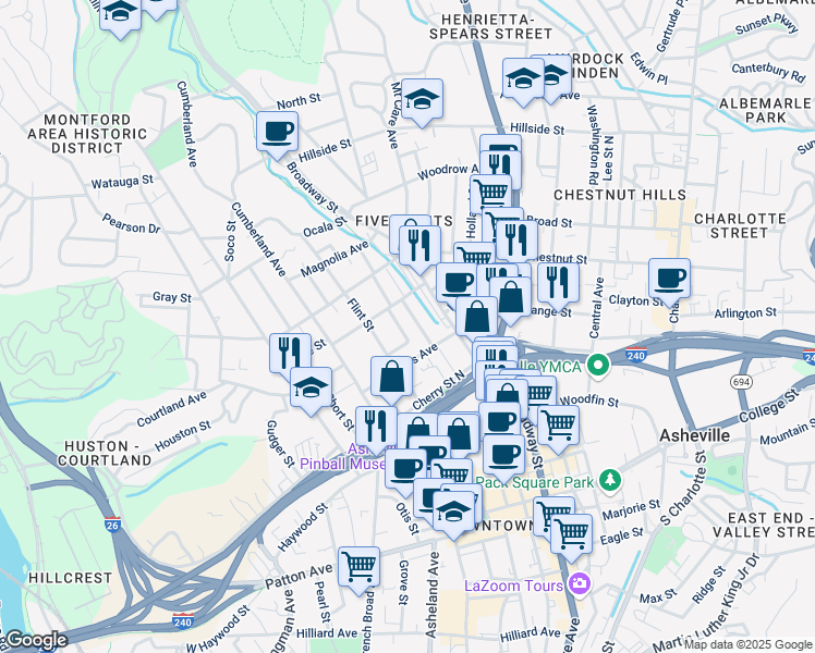 map of restaurants, bars, coffee shops, grocery stores, and more near 32 Elizabeth Place in Asheville