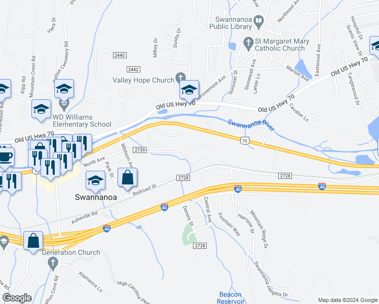 map of restaurants, bars, coffee shops, grocery stores, and more near 308 Richmond Avenue in Swannanoa