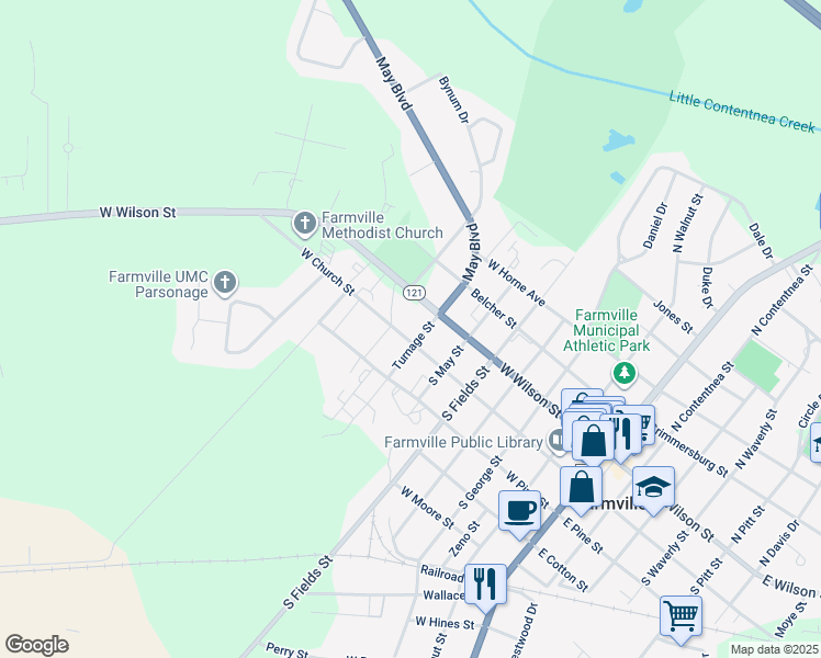 map of restaurants, bars, coffee shops, grocery stores, and more near 4460 West Church Street in Farmville