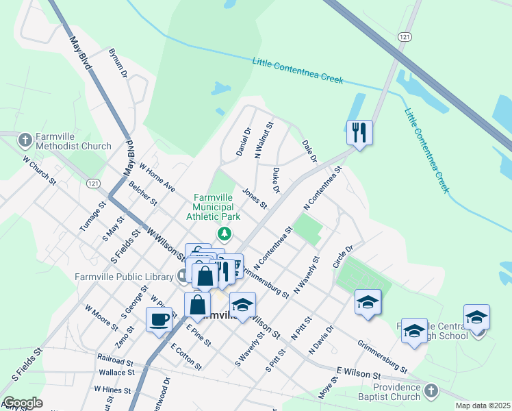 map of restaurants, bars, coffee shops, grocery stores, and more near 4127 Jones Street in Farmville