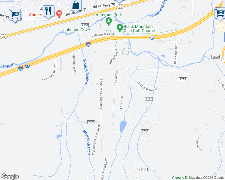 map of restaurants, bars, coffee shops, grocery stores, and more near 35 Laurel Lane in Black Mountain
