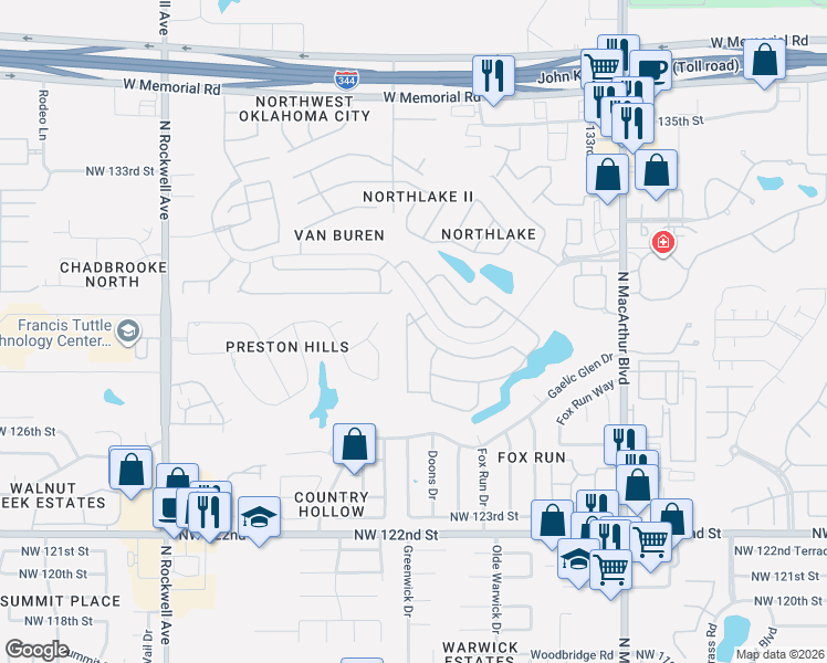 map of restaurants, bars, coffee shops, grocery stores, and more near 6412 Westlane in Oklahoma City