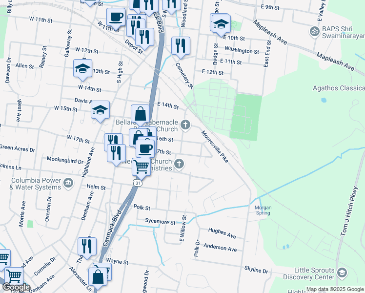 map of restaurants, bars, coffee shops, grocery stores, and more near 1701 Whatley Street in Columbia