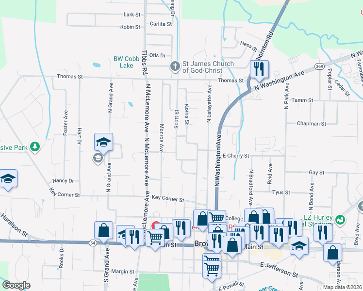 map of restaurants, bars, coffee shops, grocery stores, and more near 802 Scott St in Brownsville
