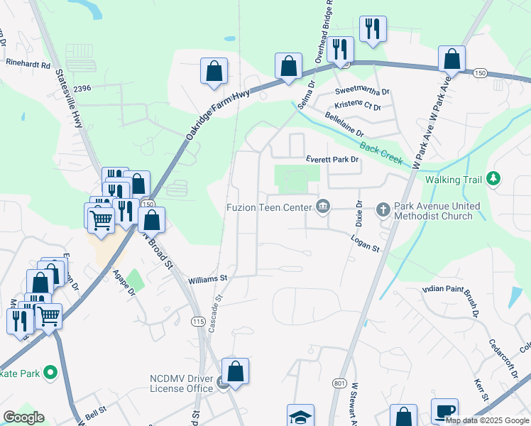 map of restaurants, bars, coffee shops, grocery stores, and more near 613 Brookwood Drive in Mooresville