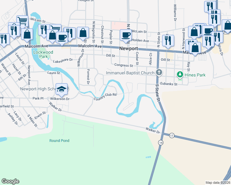 map of restaurants, bars, coffee shops, grocery stores, and more near 8 Country Club Road in Newport