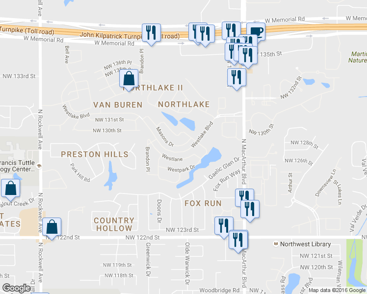 map of restaurants, bars, coffee shops, grocery stores, and more near 6204 Masons Drive in Oklahoma City
