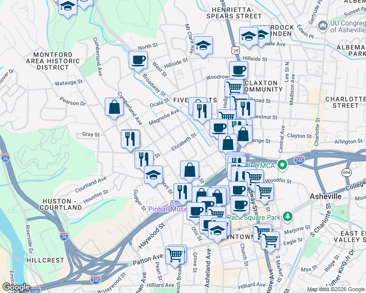 map of restaurants, bars, coffee shops, grocery stores, and more near 135 Flint Street in Asheville