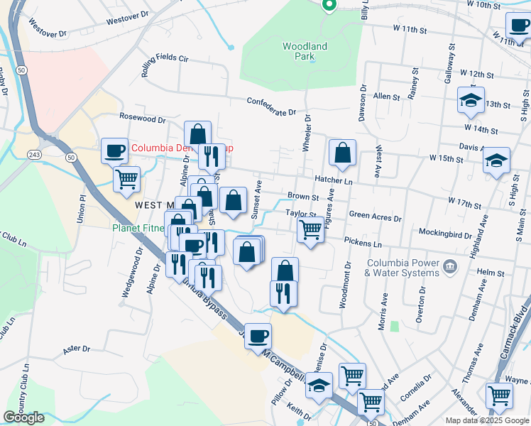 map of restaurants, bars, coffee shops, grocery stores, and more near 809 Taylor Street in Columbia