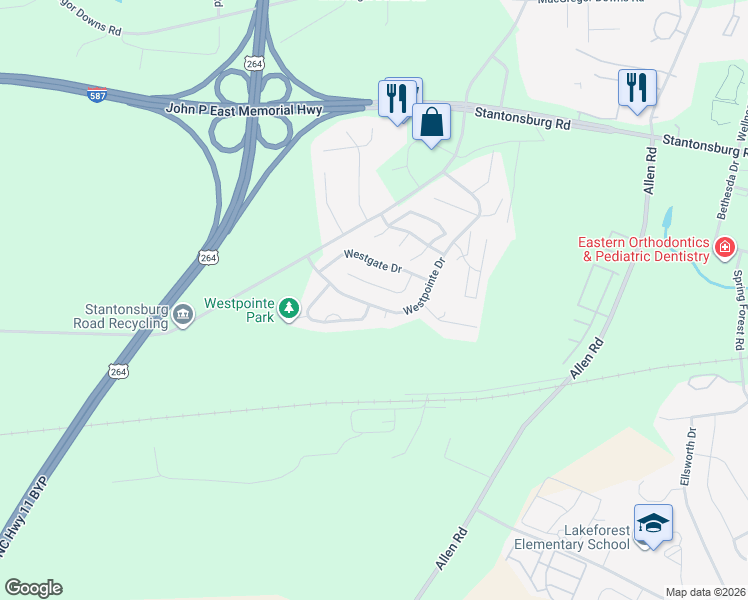 map of restaurants, bars, coffee shops, grocery stores, and more near 1616 Westpointe Drive in Greenville