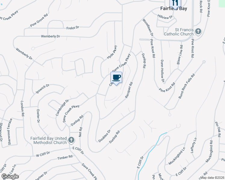 map of restaurants, bars, coffee shops, grocery stores, and more near 157 Chelsea Drive in Fairfield Bay