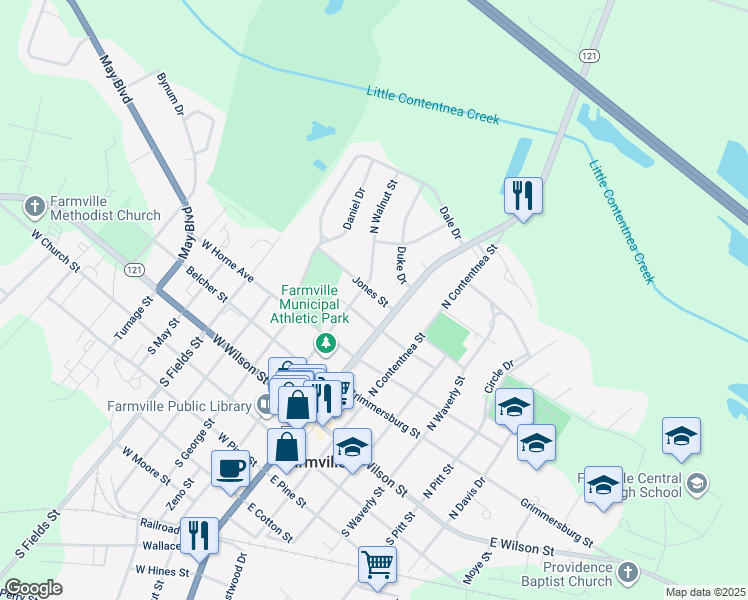 map of restaurants, bars, coffee shops, grocery stores, and more near 4127 Jones Street in Farmville