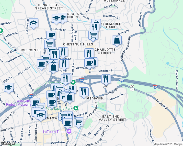 map of restaurants, bars, coffee shops, grocery stores, and more near 45 Charlotte Street in Asheville