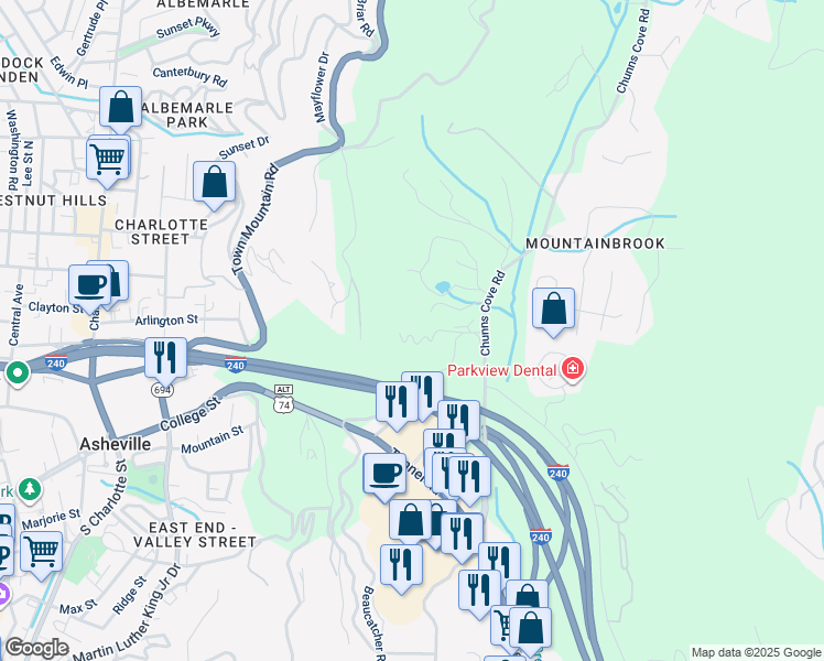 map of restaurants, bars, coffee shops, grocery stores, and more near 303 Buck Cove Terrace in Asheville