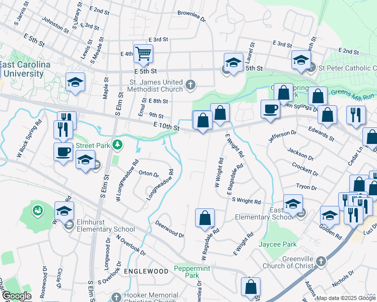 map of restaurants, bars, coffee shops, grocery stores, and more near 106 Maplewood Court in Greenville