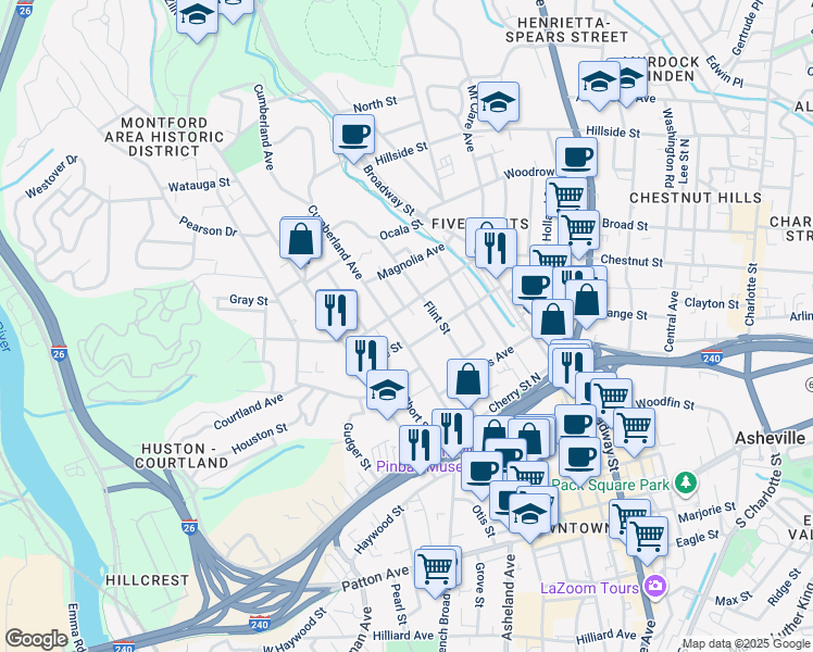 map of restaurants, bars, coffee shops, grocery stores, and more near 87 Elizabeth Street in Asheville