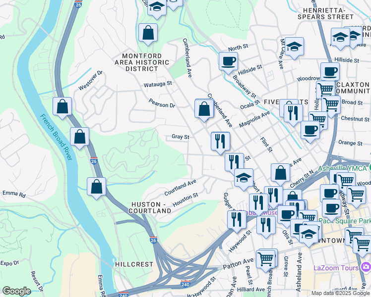 map of restaurants, bars, coffee shops, grocery stores, and more near 35 Madison Street in Asheville