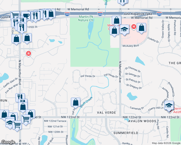 map of restaurants, bars, coffee shops, grocery stores, and more near 12905 Fox Forest Circle in Oklahoma City