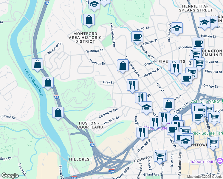 map of restaurants, bars, coffee shops, grocery stores, and more near 35 Madison Street in Asheville