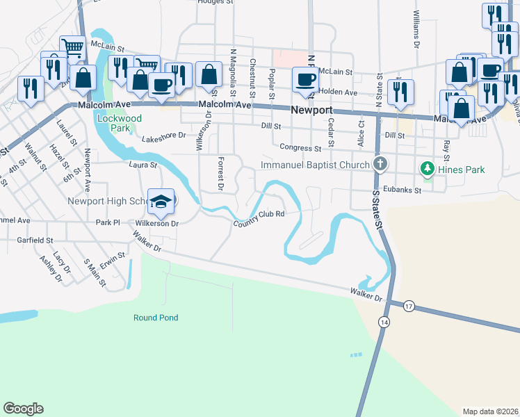 map of restaurants, bars, coffee shops, grocery stores, and more near 2 Country Club Road in Newport