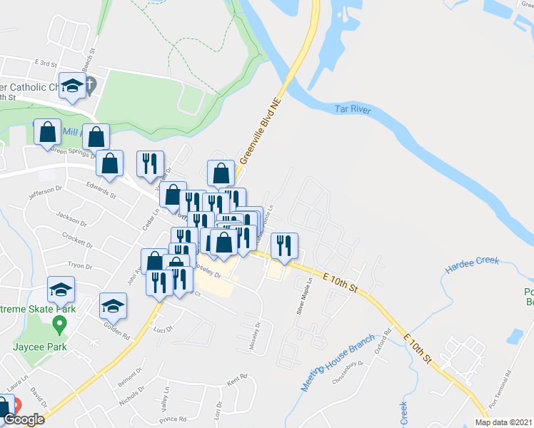 map of restaurants, bars, coffee shops, grocery stores, and more near 101 River Bluff Road in Greenville