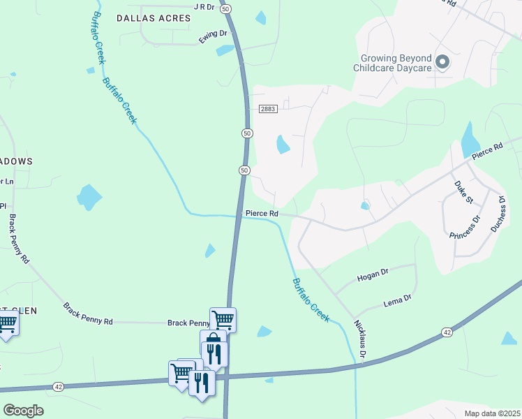 map of restaurants, bars, coffee shops, grocery stores, and more near 67 Pierce Landing Drive in Garner