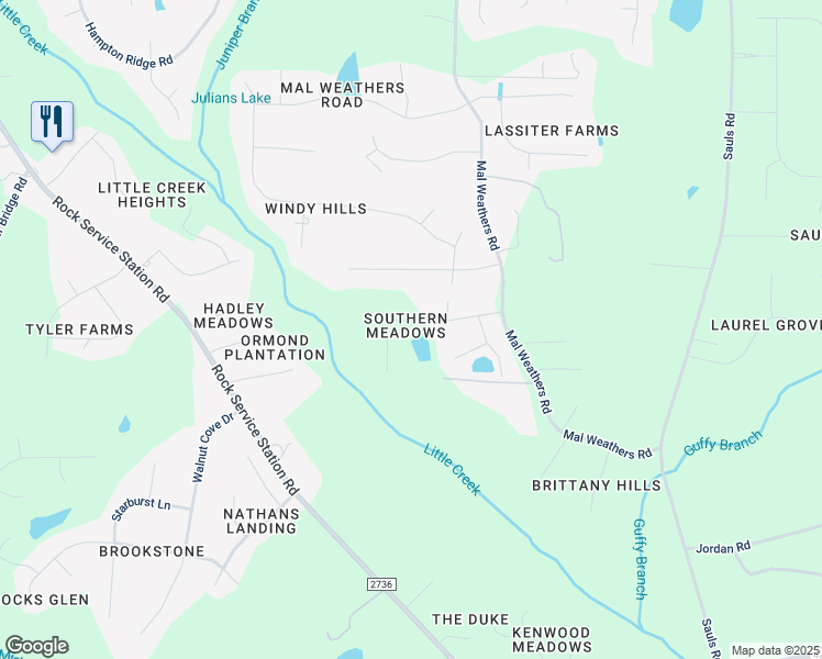 map of restaurants, bars, coffee shops, grocery stores, and more near 1125 Southern Meadows Drive in Raleigh