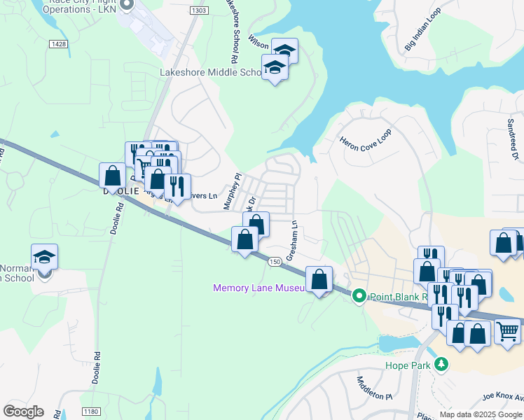 map of restaurants, bars, coffee shops, grocery stores, and more near 113 East Morehouse Avenue in Mooresville
