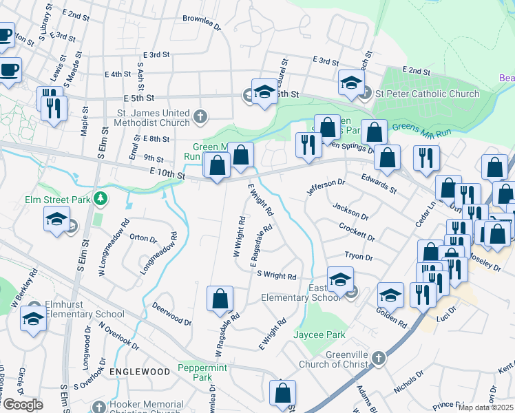 map of restaurants, bars, coffee shops, grocery stores, and more near 1010 East Wright Road in Greenville