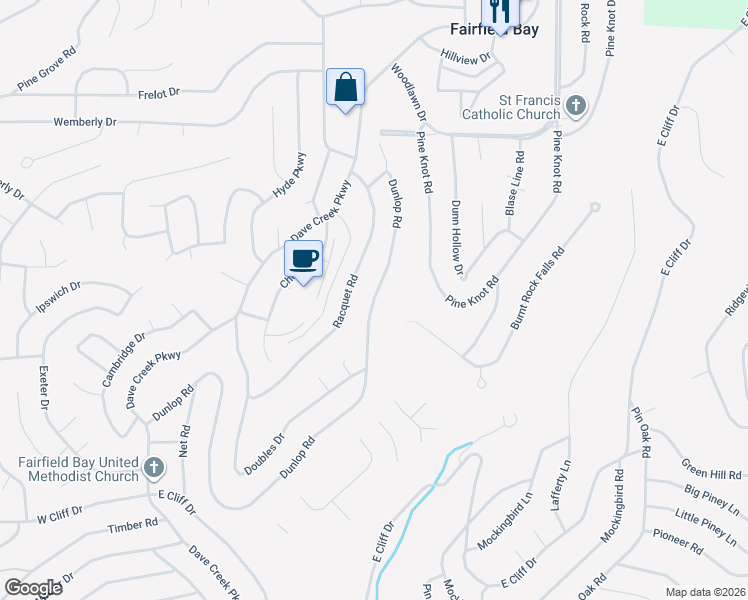 map of restaurants, bars, coffee shops, grocery stores, and more near 229 Dunlop Road in Fairfield Bay