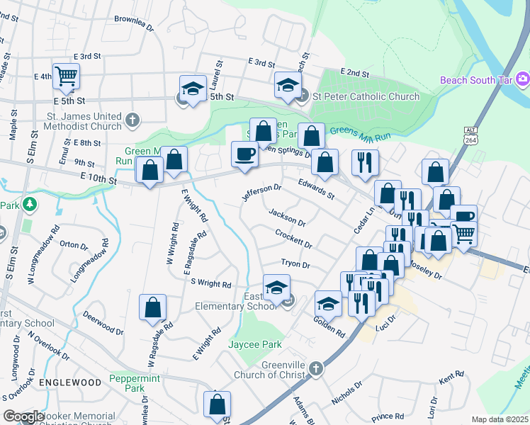 map of restaurants, bars, coffee shops, grocery stores, and more near 2610 Jackson Drive in Greenville