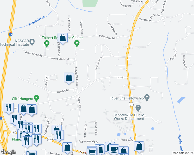 map of restaurants, bars, coffee shops, grocery stores, and more near 106 Camforth Drive in Mooresville