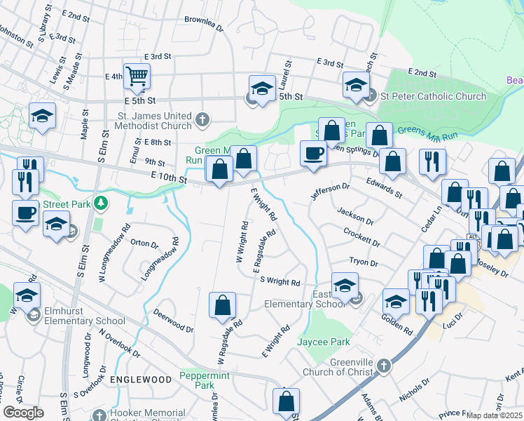 map of restaurants, bars, coffee shops, grocery stores, and more near 1010 East Wright Road in Greenville