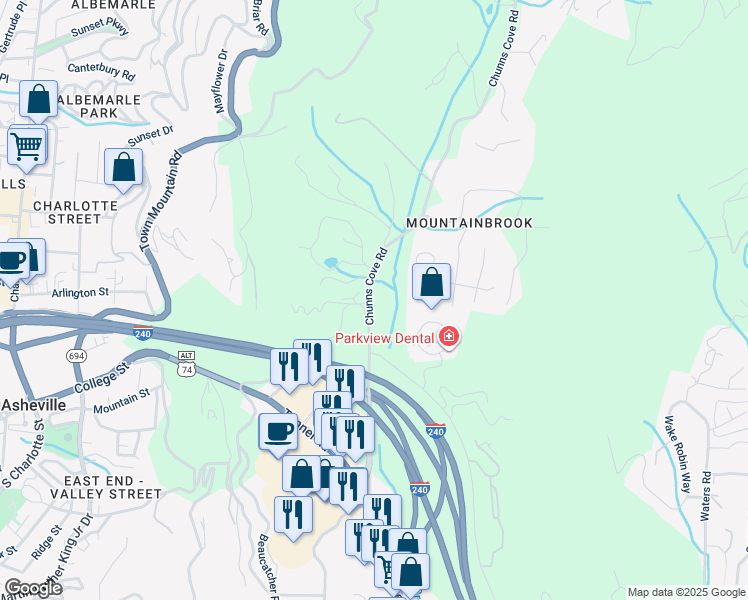 map of restaurants, bars, coffee shops, grocery stores, and more near 141 Chunns Cove Road in Asheville