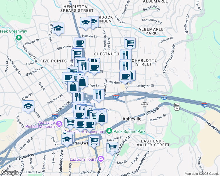 map of restaurants, bars, coffee shops, grocery stores, and more near 77 Central Avenue in Asheville
