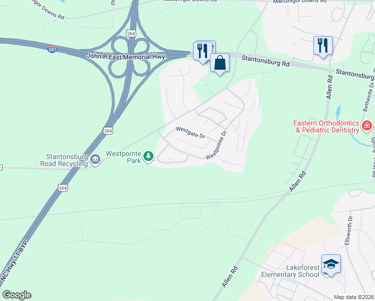 map of restaurants, bars, coffee shops, grocery stores, and more near 1616 Westpointe Drive in Greenville