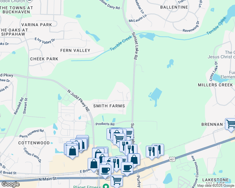 map of restaurants, bars, coffee shops, grocery stores, and more near 1412 New Moon Court in Fuquay Varina
