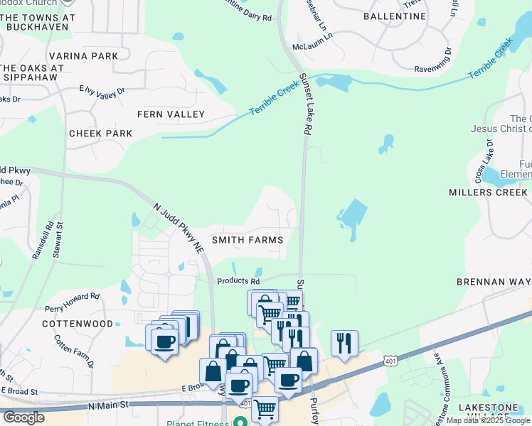 map of restaurants, bars, coffee shops, grocery stores, and more near 1412 New Moon Court in Fuquay Varina