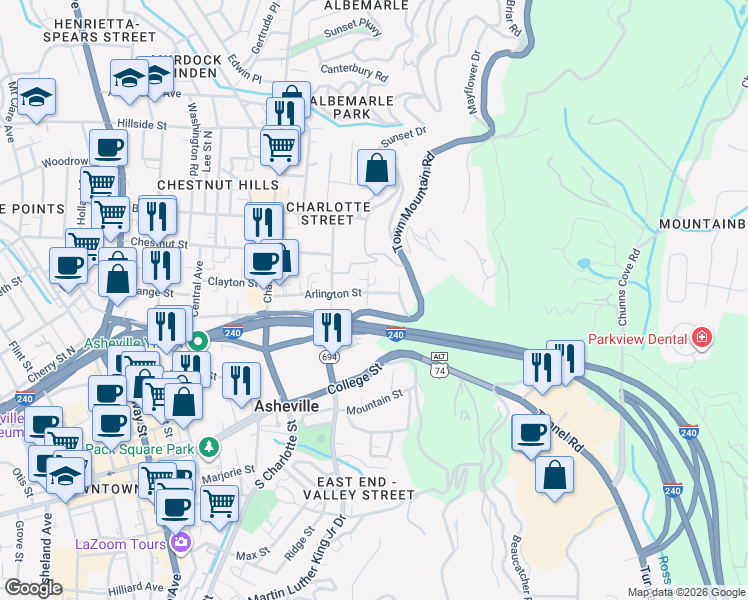 map of restaurants, bars, coffee shops, grocery stores, and more near 42 Hollywood Street in Asheville