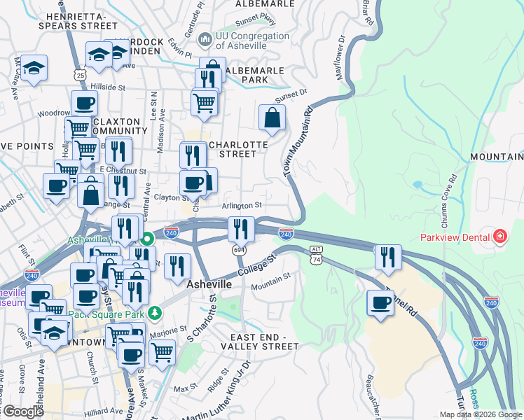 map of restaurants, bars, coffee shops, grocery stores, and more near 41 Hollywood Street in Asheville