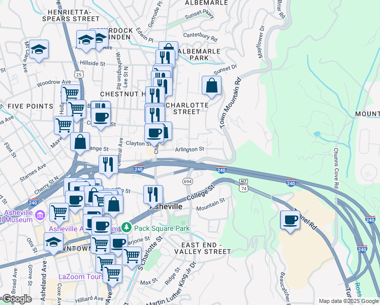 map of restaurants, bars, coffee shops, grocery stores, and more near 12 Furman Court in Asheville