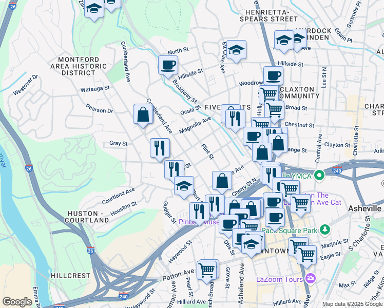 map of restaurants, bars, coffee shops, grocery stores, and more near 87 Elizabeth Street in Asheville