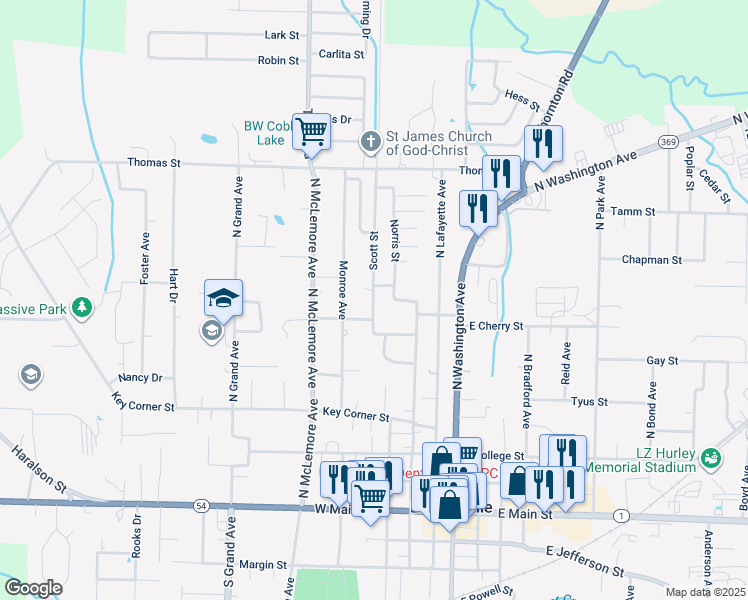map of restaurants, bars, coffee shops, grocery stores, and more near 802 Scott Street in Brownsville